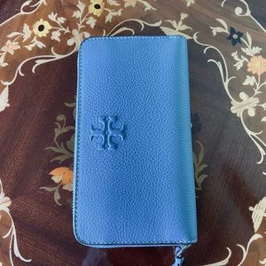Brand new Tory Burch Zip Continental wallet, blue color, calf pebbled leather